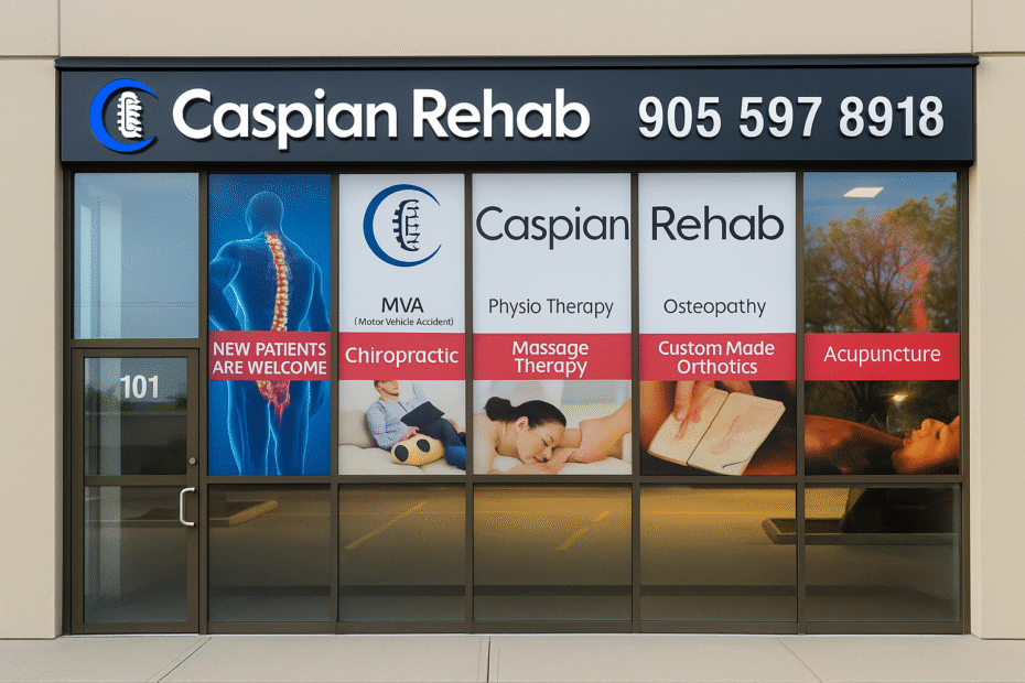 Front entrance of Caspian Rehab chiropractic and wellness clinic in Markham, Ontario