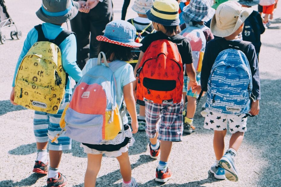 Group of children walking with colorful backpacks, illustrating back to school backpack safety for Markham families